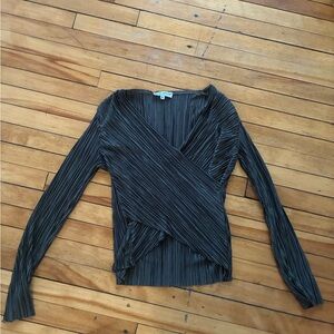 Vintage Olive Green Pleated Wrap-Front Blouse